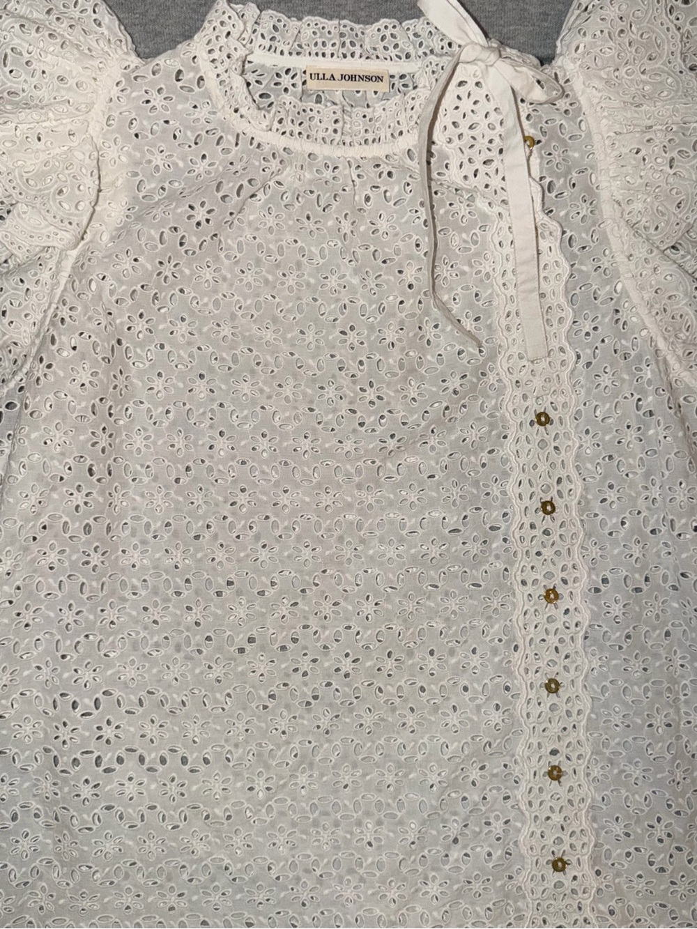 Ulla Johnson White Eyelet Tie-Neck Blouse